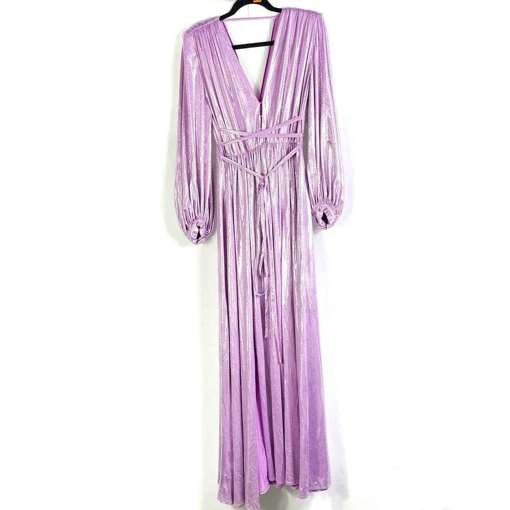 Bronx & Banco Zoe Lame Gown Maxi Dress Purple Lilac Plunge Slits Sz 4 US / Small - Picture 10 of 16